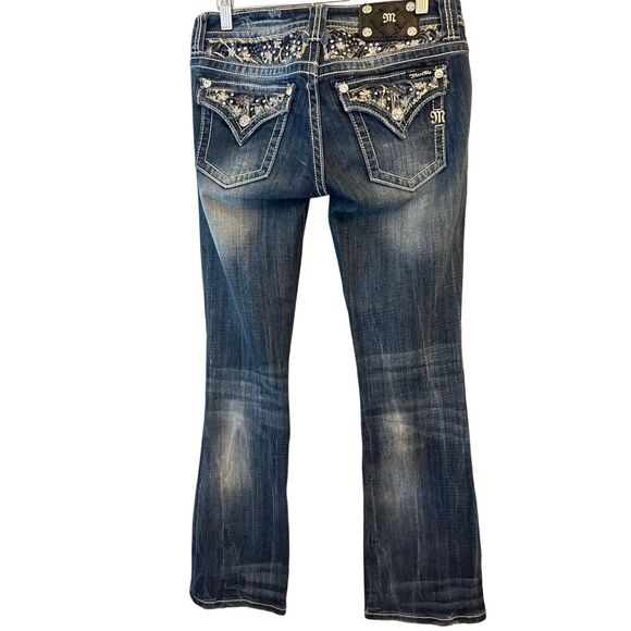 Y2K Miss Me Low-rise Bootcut Jeans sz 27 Bling embroidered Whiskering Distress - Picture 2 of 9